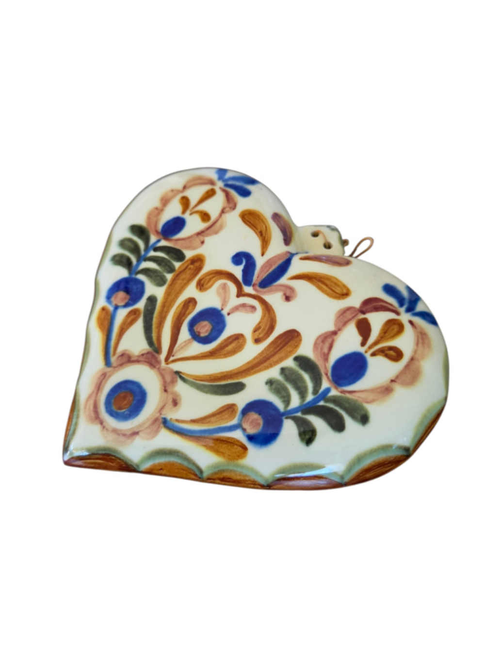 Vintage Hand Painted Ceramic Heart Wall Plaque Folk Art Floral 6"
